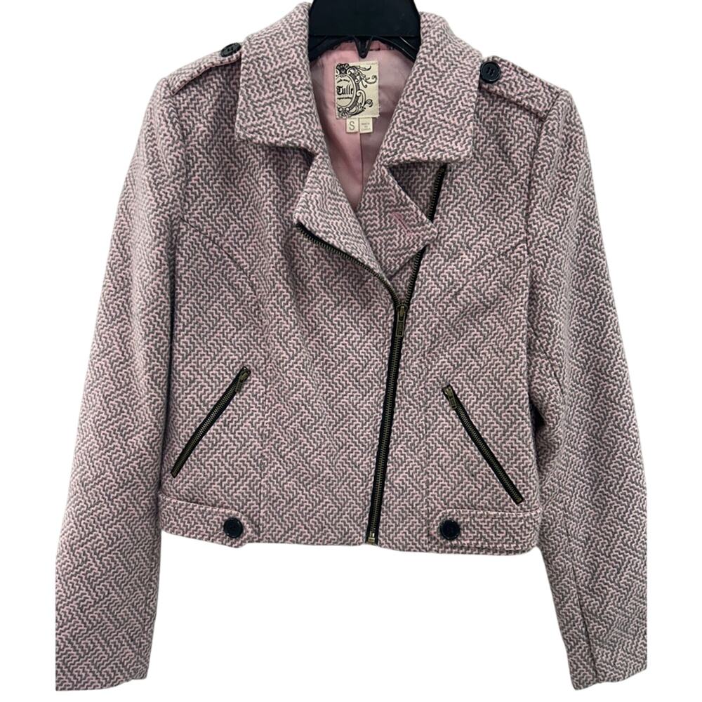 NWOT Tulle Anthropologie Women’s Pink and Gray Textured Tweed Moto Jacket